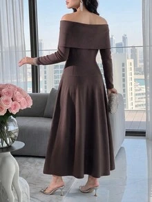 Feyla Women's Solid Color Off-Shoulder Elegant Waist-Cinching Knit Dress For Party And Gathering - Brown - View 2