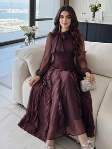 Feyla 女款純色荷葉邊下擺休閒派對長洋裝 - 棕色 - 查看 5
