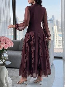 Feyla 女款純色荷葉邊下擺休閒派對長洋裝 - 棕色 - 查看 2