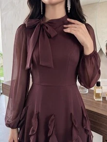 Feyla 女款純色荷葉邊下擺休閒派對長洋裝 - 棕色 - 查看 4