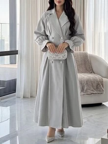 Feyla Women's Solid Color Casual Party Long Dress Commuter , Fall Women Fall - Grey - View 3