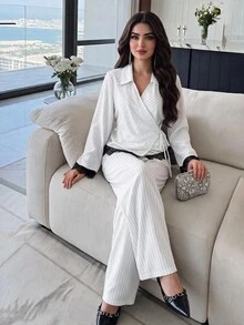 Feyla Contrast Lace Knot Side Wrap Top & Wide Leg Pants - White - View 5