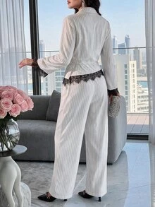 Feyla Contrast Lace Knot Side Wrap Top & Wide Leg Pants - White - View 2