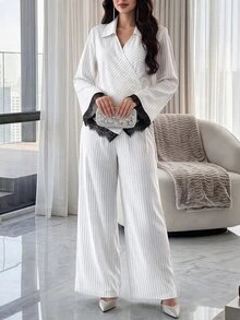 Feyla Contrast Lace Knot Side Wrap Top & Wide Leg Pants - White - View 4