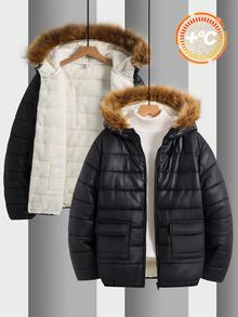 SHEIN Teen Boys' Plush Lining Puffer Bomber Jacket Thermal Lined Hooded Padded Quilted Winter Coat - Black - View 7