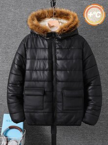 SHEIN Teen Boys' Plush Lining Puffer Bomber Jacket Thermal Lined Hooded Padded Quilted Winter Coat - Black - View 6