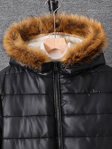 SHEIN Teen Boys' Plush Lining Puffer Bomber Jacket Thermal Lined Hooded Padded Quilted Winter Coat - Black - View 3