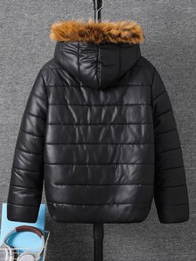 SHEIN Teen Boys' Plush Lining Puffer Bomber Jacket Thermal Lined Hooded Padded Quilted Winter Coat - Black - View 2