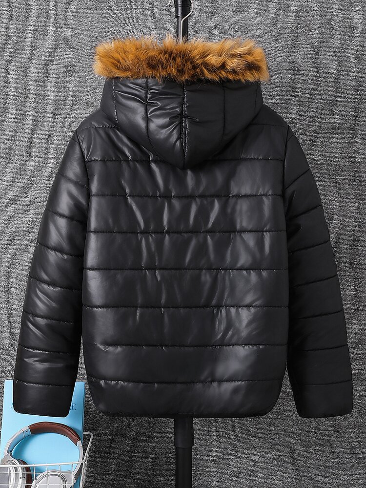 SHEIN Teen Boys' Plush Lining Puffer Bomber Jacket Thermal Lined Hooded Padded Quilted Winter Coat - Black - View 2