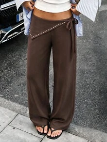 Flora Isola Flora Isola 2026 New Asymmetrical Rivet Lace-Up Patchwork Coffee Brown Long Pants, Fashion Casual Streetwear Office Commute - Brown - View 3