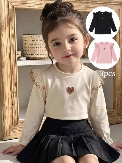 SHEIN 3pcs/Set Girls' Autumn/Winter Ruffle Flutter Sleeve Knitted Embroidered Heart Long Sleeve T-Shirt Back To School Black Baby Pink White Fairy