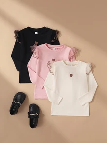 SHEIN 3pcs/Set Girls' Autumn/Winter Ruffle Flutter Sleeve Knitted Embroidered Heart Long Sleeve T-Shirt Back To School Black Baby Pink White Fairy - Multicolor - View 4