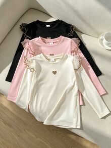 SHEIN 3pcs/Set Girls' Autumn/Winter Ruffle Flutter Sleeve Knitted Embroidered Heart Long Sleeve T-Shirt Back To School Black Baby Pink White Fairy - Multicolor - View 10