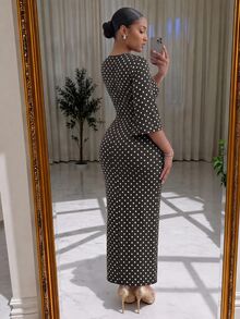 SHEIN Lady CURVE 大尺碼女款 V 領棕色打結抓皺休閒優雅 1960 年代風格派對約會婚禮禮服 秋季 - 棕色 - 查看 2