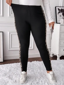 SHEIN LUNE Plus Size Leopard Print Patchwork Thermal Lined Leggings Winter Formal Home Wear Vacation Black Casual Baggy - Black - View 3