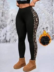 SHEIN LUNE Plus Size Leopard Print Patchwork Thermal Lined Leggings Winter Formal Home Wear Vacation Black Casual Baggy - Black - View 2
