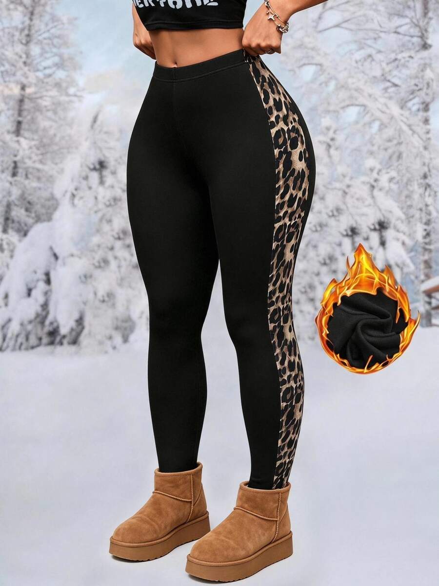 SHEIN LUNE Plus Size Leopard Print Patchwork Thermal Lined Leggings Winter Formal Home Wear Vacation Black Casual Baggy