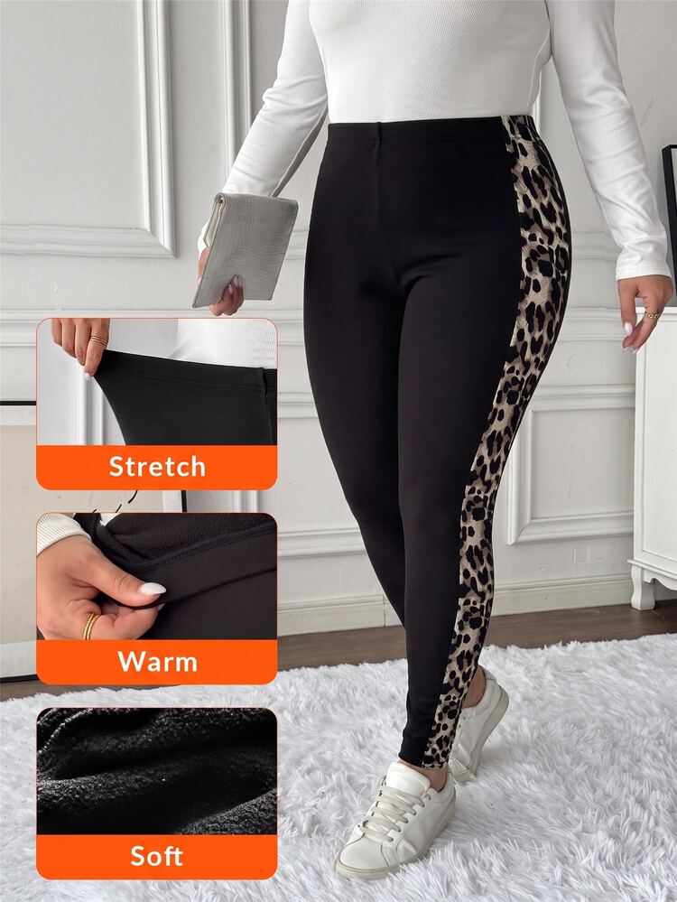 SHEIN LUNE Plus Size Leopard Print Patchwork Thermal Lined Leggings Winter Formal Home Wear Vacation Black Casual Baggy - Black - View 3