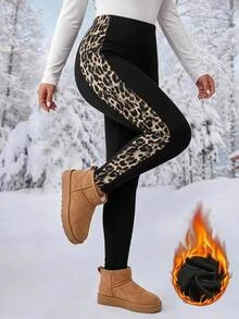 SHEIN LUNE Plus Size Leopard Print Patchwork Thermal Lined Leggings Winter Formal Home Wear Vacation Black Casual Baggy - Black - View 9