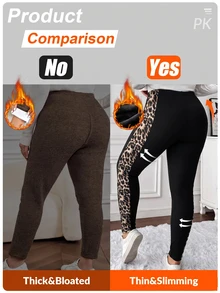 SHEIN LUNE Plus Size Leopard Print Patchwork Thermal Lined Leggings Winter Formal Home Wear Vacation Black Casual Baggy - Black - View 5