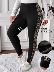 SHEIN LUNE Plus Size Leopard Print Patchwork Thermal Lined Leggings Winter Formal Home Wear Vacation Black Casual Baggy - Black - View 6