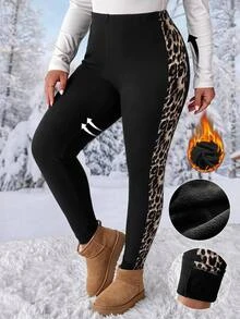 SHEIN LUNE Plus Size Leopard Print Patchwork Thermal Lined Leggings Winter Formal Home Wear Vacation Black Casual Baggy - Black - View 8