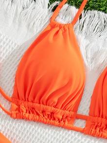 Swim Chiccia Bộ bikini hai mảnh buộc cổ màu trơn gợi cảm dành cho nữ mùa hè, kèm quần lót tam giác. - trái cam - Xem 4