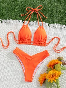 Swim Chiccia Bộ bikini hai mảnh buộc cổ màu trơn gợi cảm dành cho nữ mùa hè, kèm quần lót tam giác. - trái cam - Xem 6