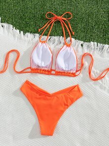 Swim Chiccia Bộ bikini hai mảnh buộc cổ màu trơn gợi cảm dành cho nữ mùa hè, kèm quần lót tam giác. - trái cam - Xem 2