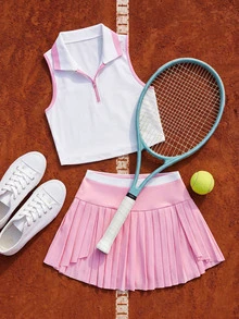 CourtClass CourtClass 2pcs/Set Women's Summer Contrast Trim Cropped Tank Top And Pleated Mini Skirt Tennis Outfit - Multicolor - View 6