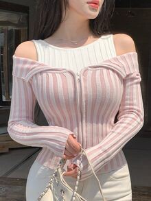 DAZY Autumn Pink & White Colorblock Vertical Striped 2 In 1 Cold Shoulder Spaghetti Strap Square Neck Knit Cardigan Slim Fit Cinched Waist Commute Sweet Women Sweater - Pink - View 9