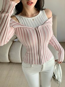 DAZY Autumn Pink & White Colorblock Vertical Striped 2 In 1 Cold Shoulder Spaghetti Strap Square Neck Knit Cardigan Slim Fit Cinched Waist Commute Sweet Women Sweater - Pink - View 3