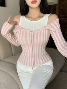 DAZY Autumn Pink & White Colorblock Vertical Striped 2 In 1 Cold Shoulder Spaghetti Strap Square Neck Knit Cardigan Slim Fit Cinched Waist Commute Sweet Women Sweater - Pink - View 8