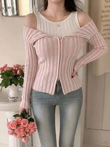 DAZY Autumn Pink & White Colorblock Vertical Striped 2 In 1 Cold Shoulder Spaghetti Strap Square Neck Knit Cardigan Slim Fit Cinched Waist Commute Sweet Women Sweater - Pink - View 4