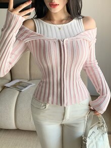 DAZY Autumn Pink & White Colorblock Vertical Striped 2 In 1 Cold Shoulder Spaghetti Strap Square Neck Knit Cardigan Slim Fit Cinched Waist Commute Sweet Women Sweater - Pink - View 5