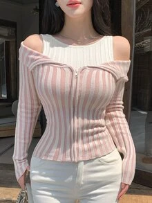 DAZY Autumn Pink & White Colorblock Vertical Striped 2 In 1 Cold Shoulder Spaghetti Strap Square Neck Knit Cardigan Slim Fit Cinched Waist Commute Sweet Women Sweater - Pink - View 7