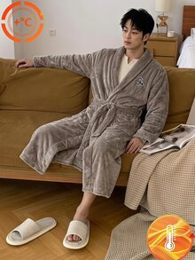 Teen Boy Embroidered Comfortable Long Sleeve Pocket Fleece Robe Loungewear Grey Fall Holiday Beach Baggy - Grey - View 1
