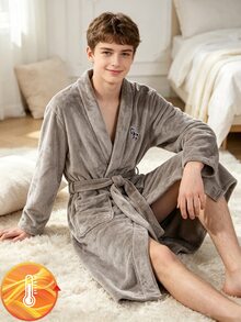 Teen Boy Embroidered Comfortable Long Sleeve Pocket Fleece Robe Loungewear Grey Fall Holiday Beach Baggy - Grey - View 3