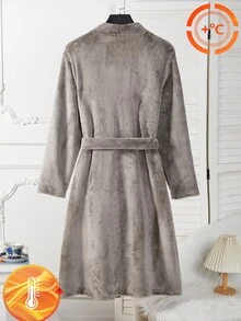Teen Boy Embroidered Comfortable Long Sleeve Pocket Fleece Robe Loungewear Grey Fall Holiday Beach Baggy - Grey - View 2