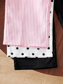 SHEIN 女童夏季休閒鬆垮長褲3件套，新款極簡條紋波點純色，4-7歲，腰帶附3D蝴蝶結裝飾，寬鬆直筒休閒褲，適合日常穿著，舒適，春秋彈性腰長褲，運動多巴胺出遊直筒寬腿褲 - 彩色 - 查看 7