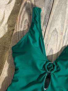 Swim Basics Summer Beach Ring Linked Plunging One Piece Swimsuit - Dark Green - View 8