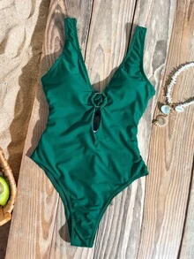 Swim Basics Summer Beach Ring Linked Plunging One Piece Swimsuit - Dark Green - View 6