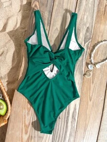 Swim Basics Summer Beach Ring Linked Plunging One Piece Swimsuit - Dark Green - View 3