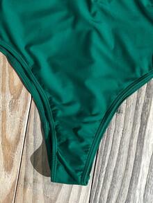 Swim Basics Summer Beach Ring Linked Plunging One Piece Swimsuit - Dark Green - View 7