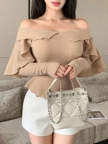 Joudiya Women's Autumn Ruffle Ruffle Layered Long Sleeve Camel Knit Ribbed Elastic Slim Fit Flattering Sweet Date Party Street Casual T-Shirt - Apricot - View 7