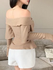 Joudiya Women's Autumn Ruffle Ruffle Layered Long Sleeve Camel Knit Ribbed Elastic Slim Fit Flattering Sweet Date Party Street Casual T-Shirt - Apricot - View 6