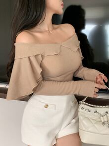 Joudiya Women's Autumn Ruffle Ruffle Layered Long Sleeve Camel Knit Ribbed Elastic Slim Fit Flattering Sweet Date Party Street Casual T-Shirt - Apricot - View 4