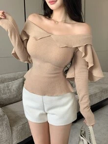 Joudiya Women's Autumn Ruffle Ruffle Layered Long Sleeve Camel Knit Ribbed Elastic Slim Fit Flattering Sweet Date Party Street Casual T-Shirt - Apricot - View 2