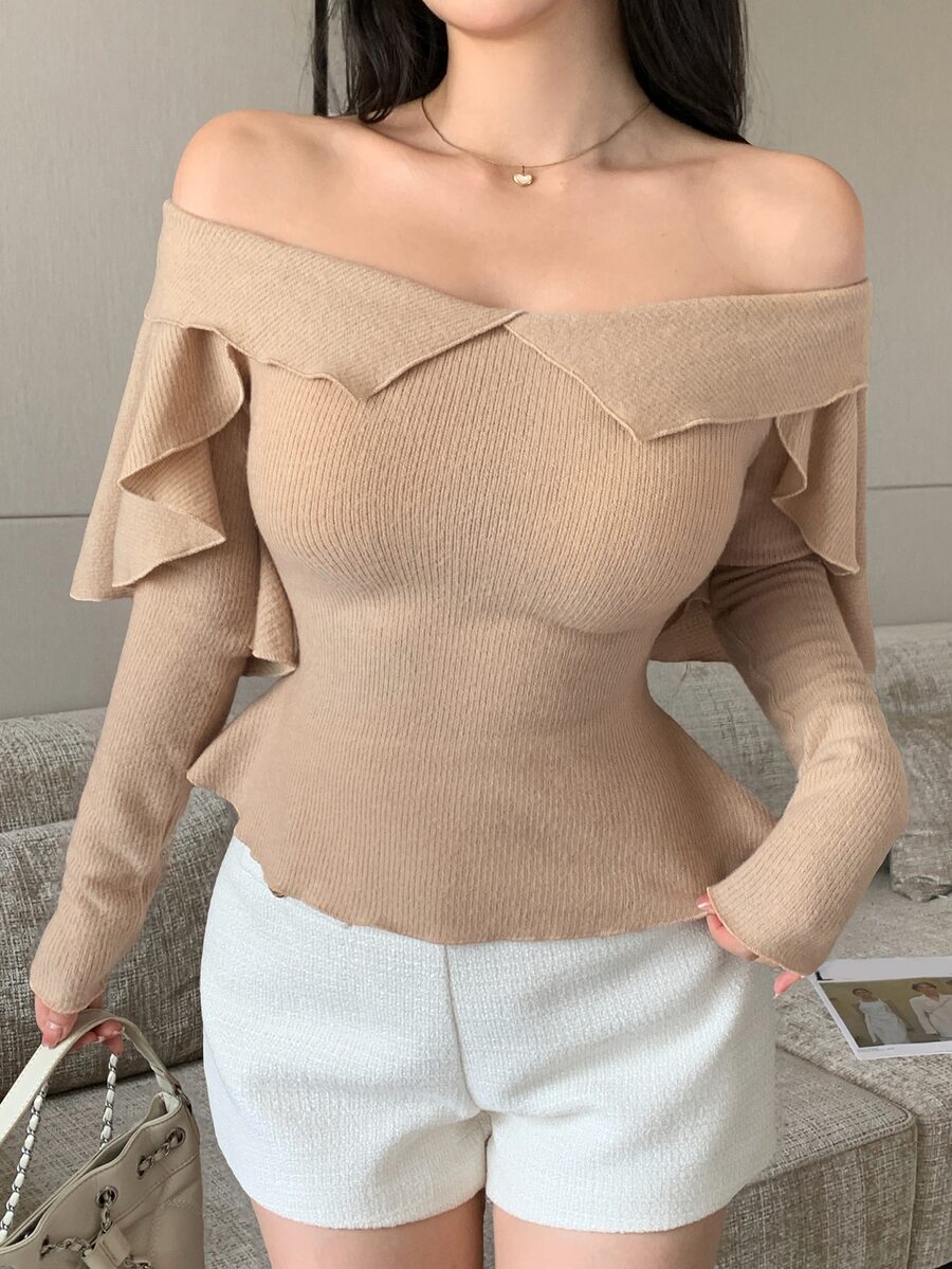 Joudiya Women's Autumn Ruffle Ruffle Layered Long Sleeve Camel Knit Ribbed Elastic Slim Fit Flattering Sweet Date Party Street Casual T-Shirt - Apricot - View 1
