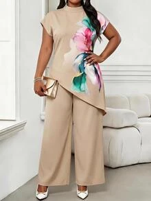 SHEIN Lady Plus Size Women Floral Print Asymmetrical Hem Top And Pants Set - Khaki - View 4